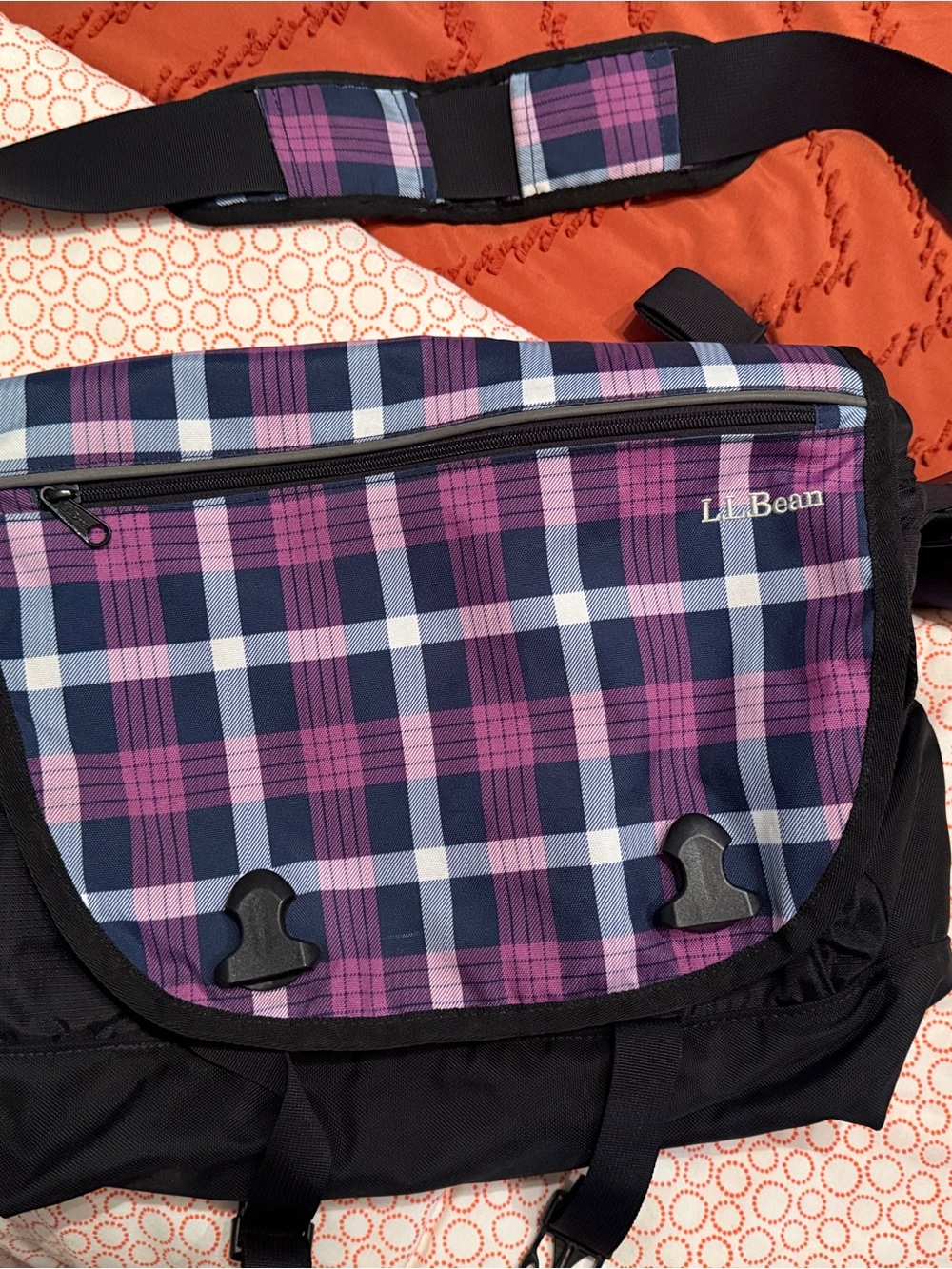 L.L. Bean Black and Purple Plaid Messenger Bag